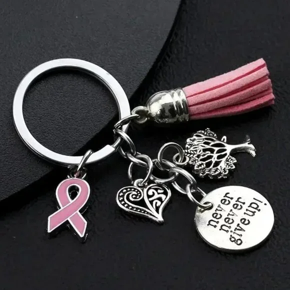 Breast Cancer Awareness Handbag Charm Set Keychain  "Never Give Up" Pink Ribbon - Picture 3 of 6